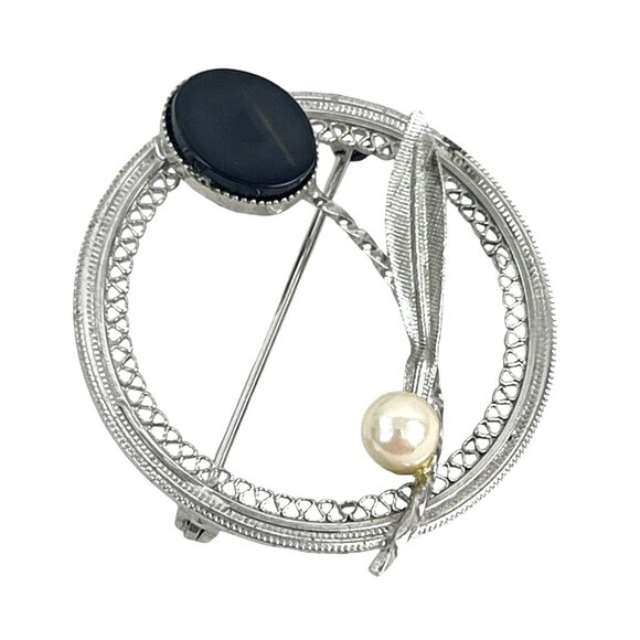 DCE Curtis Vintage Silver Circle Brooch With Onyx and Pearl - Picture 1 of 9